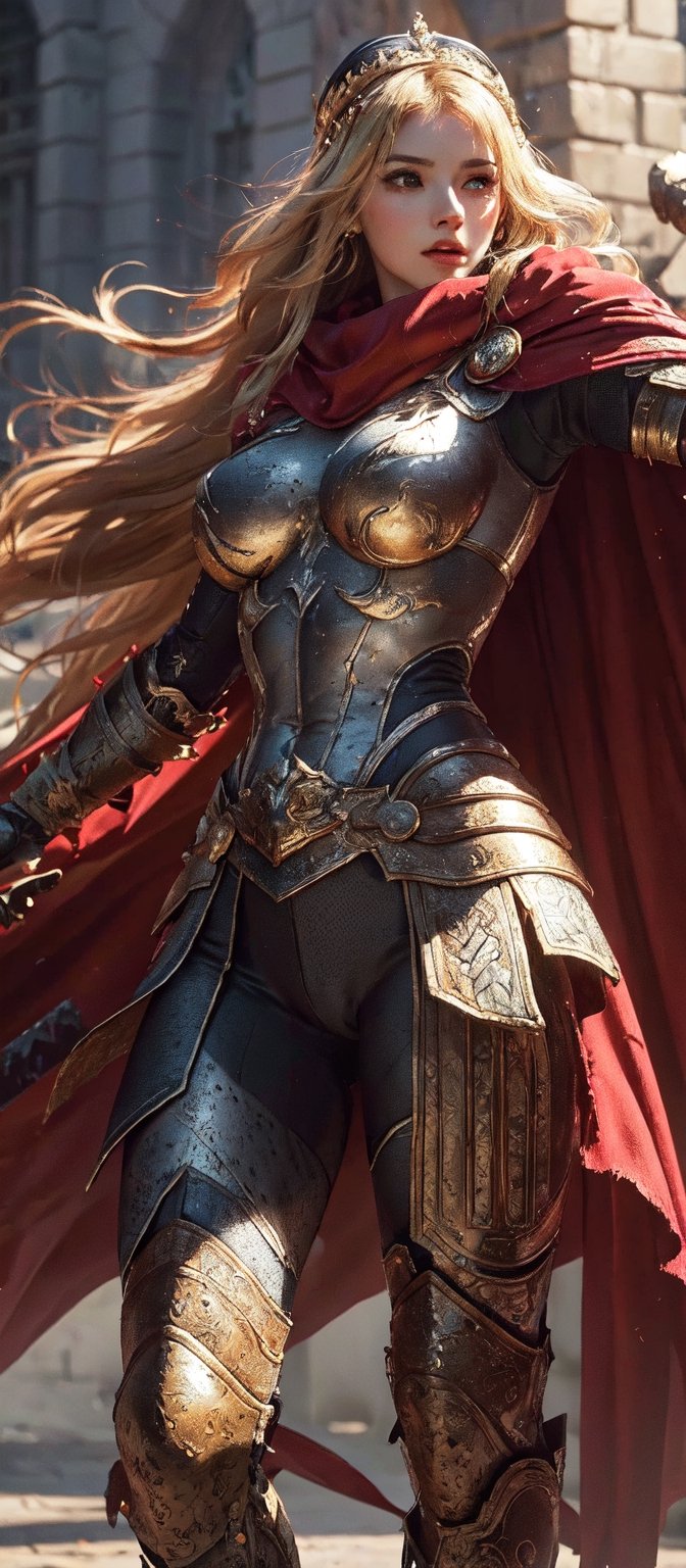 game potrait of Gorgeous goddess Athena with blonde hair, attractive, charming body, radiant, grace, battle suit ,domineering,dominant_female, big_breasts, 4k,High detailed, beauty, amazing, red cape,Extremely Realistic, fractal art, sword on waist,Gael