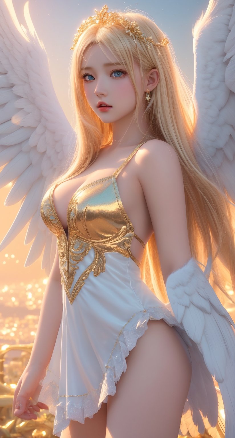 triumphant angel girl, blonde hair, cute young angel girl, real, long blue hair, white large wings, paradise, angel beauty, beautiful, 8k, high quality, masterpiece, dynamic pose, hot girl, praising, dark background, nimb, cinemathic scene, shiny, an angel wearing cloth , heaven background, glowing halo around head, white feathered wings, centered key visual highly detailed breathtaking beauty precise lineart vibrant comprehensive cinematic, dynamic pose, best quality, 8k, golden hour,angel_wings