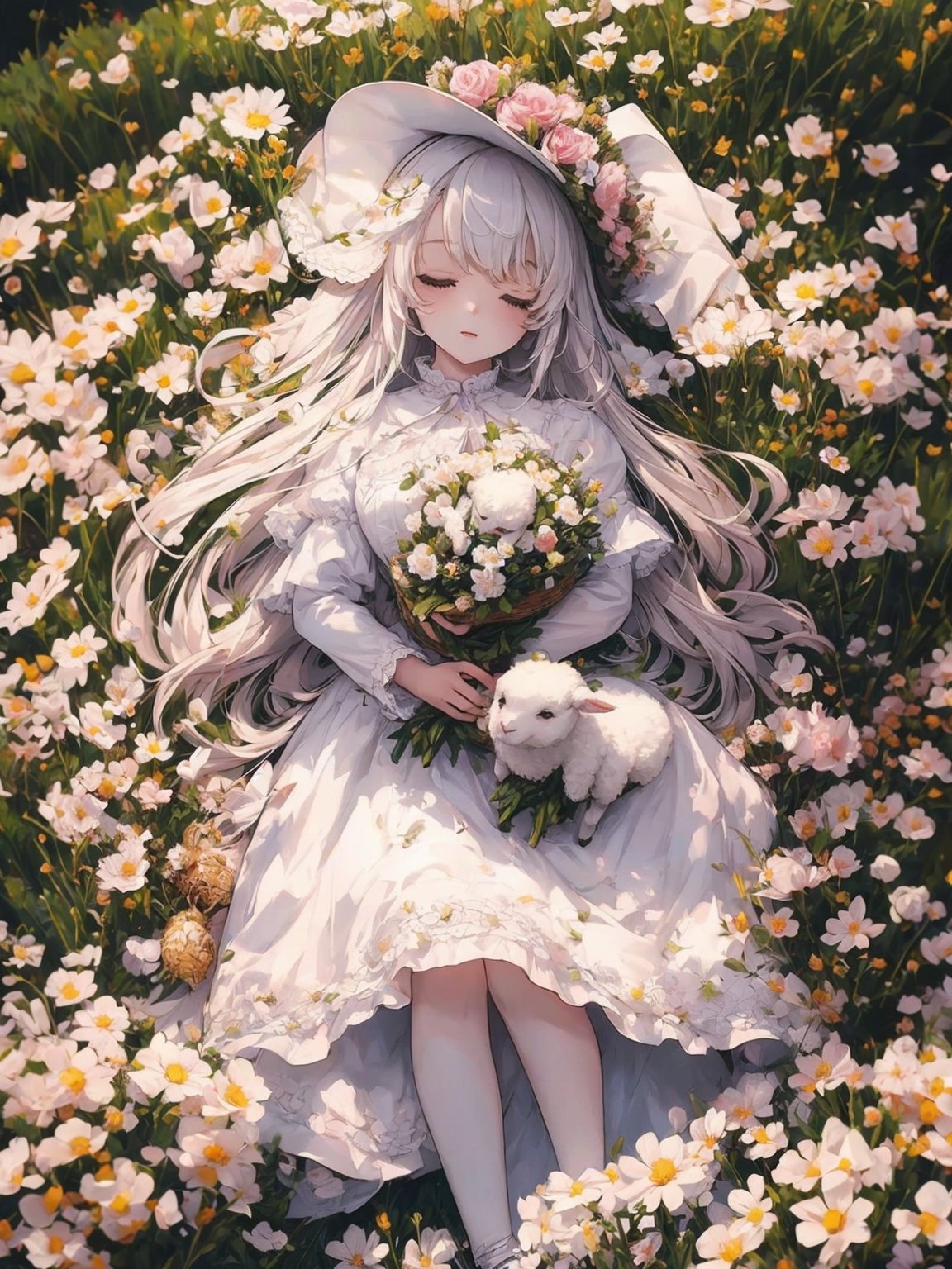 1 girl, sleep in flower field, holding cute white lamb ,Witch, detailed lamb , detailed face, 