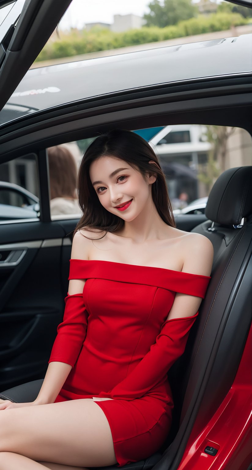 1 girl, red mini dress, off shoulder, happy face, inside car, copilot,