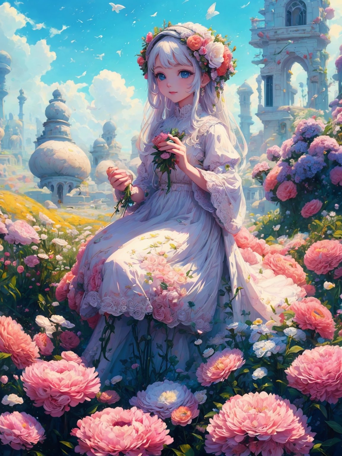 1 girl, holding flower , white lamb eating flower, detailed lamb , detailed face, ,fantasy_world, pastel colour, vibrant, 
