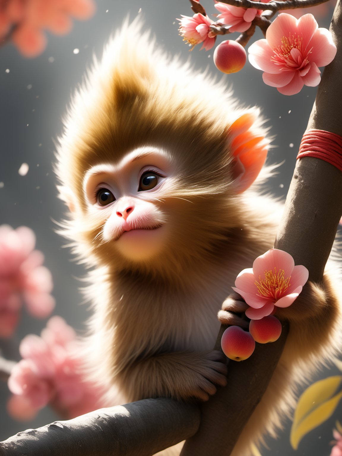 monkey king, sun wukong, uhd, realistic, fighting pose, small monkey, cute, peach tree, eat peach, 
,dfdd,Asian folklore ,Xxmix_Catecat