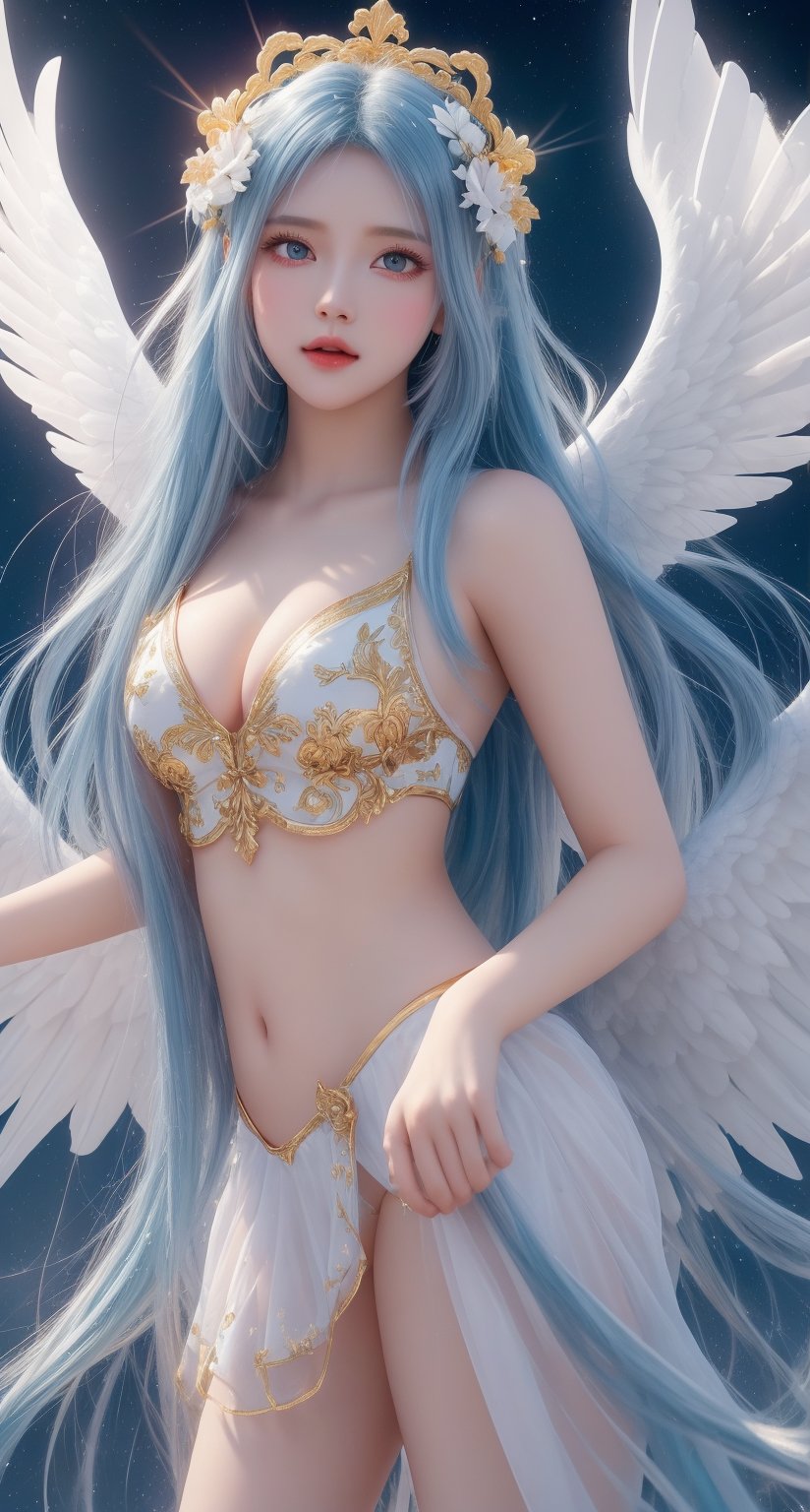 triumphant angel girl, cute young angel girl, real, long blue hair, white large wings, paradise, angel beauty, beautiful, 8k, high quality, masterpiece, dynamic pose, hot girl, praising, dark background, nimb, cinemathic scene, shiny, an angel wearing cloth , heaven background, glowing halo around head, white feathered wings, centered key visual highly detailed breathtaking beauty precise lineart vibrant comprehensive cinematic, dynamic pose, best quality, 8k, golden hour,angel_wings