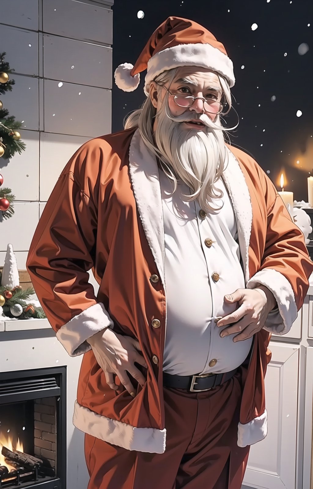 solo,((Santa Claus)),(cowboy shot:1.4),boichi manga style,
(Fat:1.4),(Santa Claus suit:1.4),santa hat,snow,by the stove,