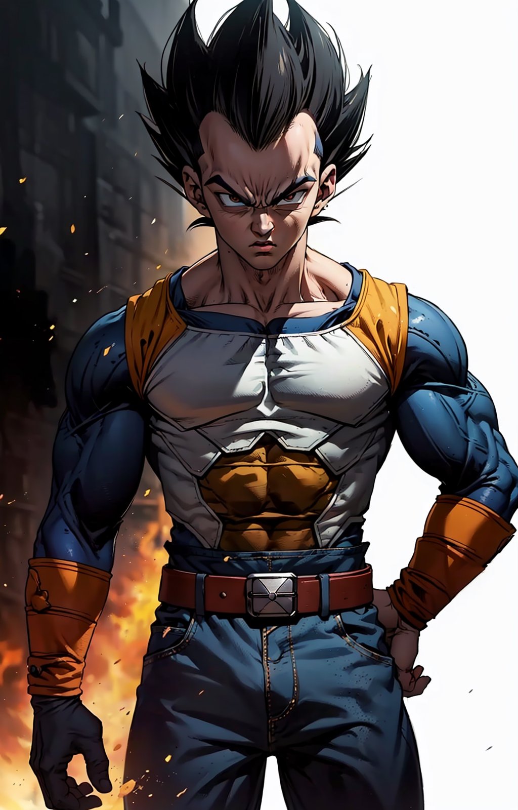 (masterpiece,best quality,extremely detailed),solo,((Vegeta)),(cowboy shot:1.4),black_background,boichi manga style,