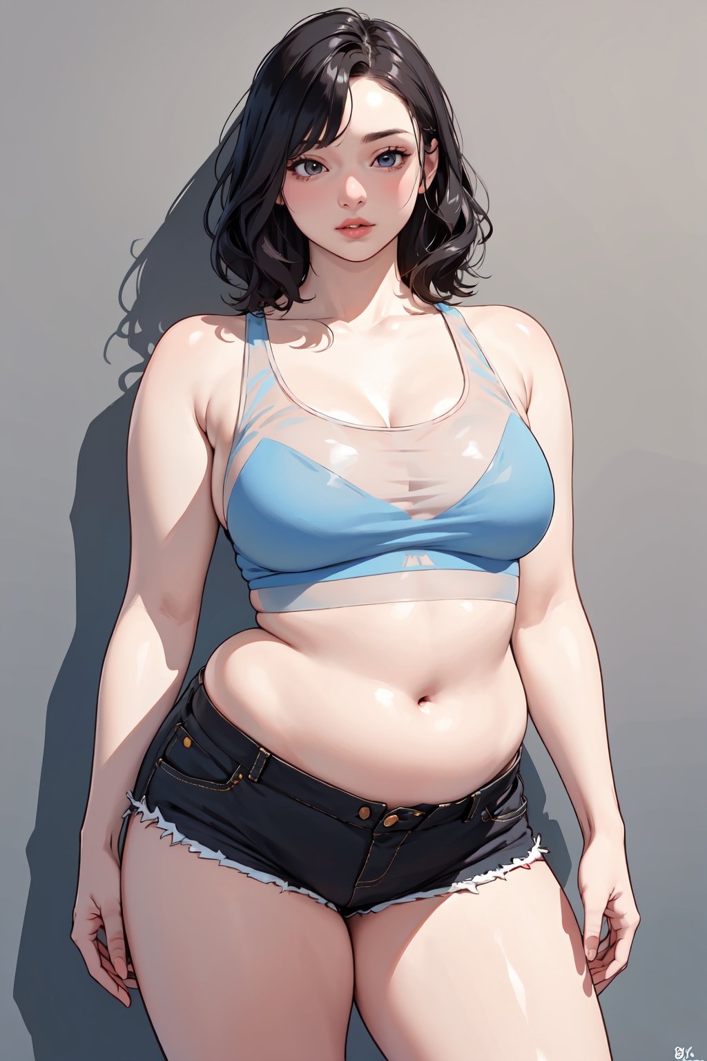 ((masterpiece,best quality,8k,fine lineart,highly detailed,absurdres)),(female),solo,black wavy,short hair,bare legs,tank top,see-through,shorts,Perfect breasts,thick thighs,belly button,Buttocks,standing pose,simple_background,