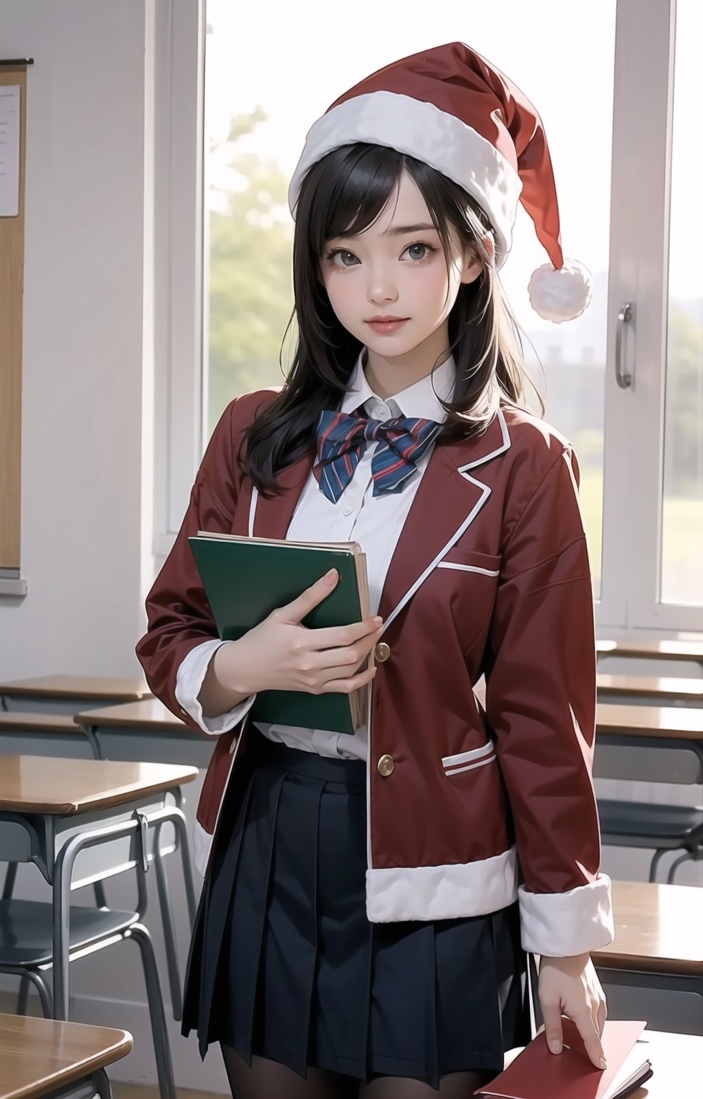 solo,((Cute girl)),santa hat,Realism,cowboy_shot,school uniform,in the classroom,holding the book,