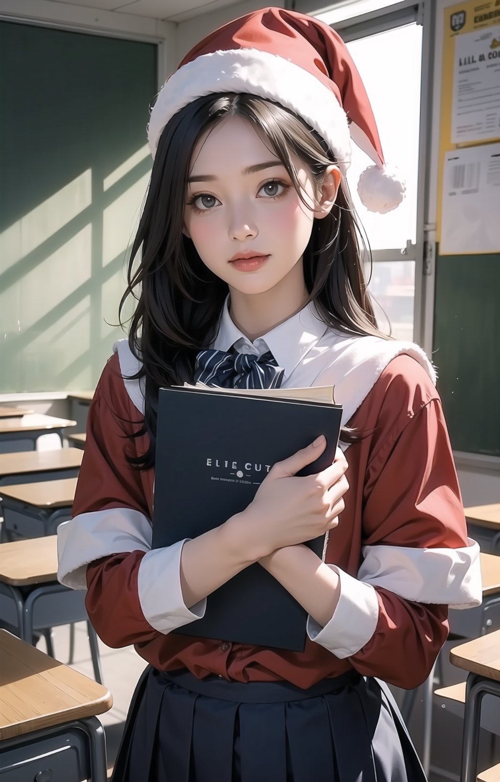 solo,((little girl)),Realism,santa hat,cowboy_shot,school uniform,in the classroom,holding the book,