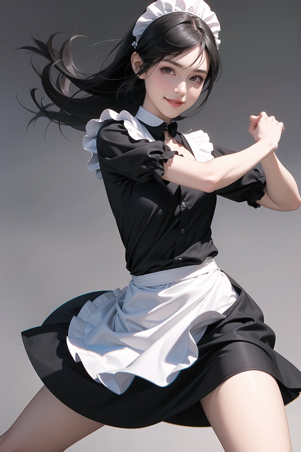 solo,((bishoujo)),(Victoria black maid dress),Realism,(Random_background),seductive smile,fighting_stance,
