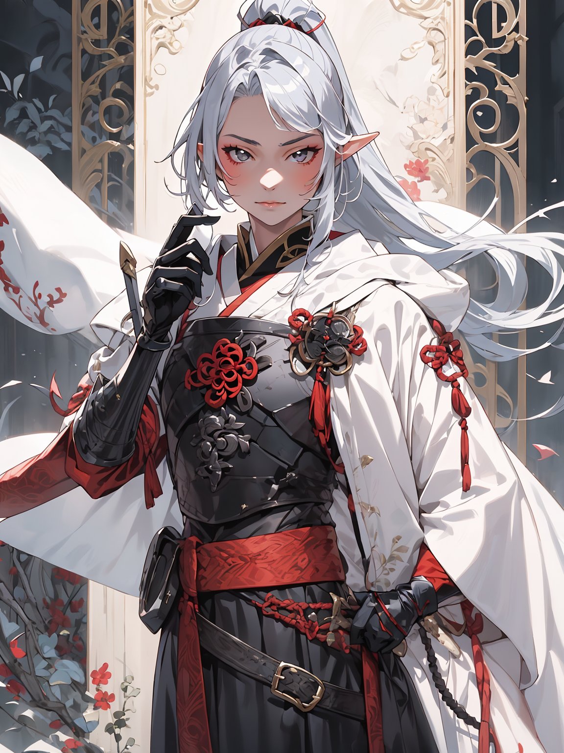 1girl,18 years old,beautiful elven girl,(((onmyouji))),(((suikan))),armor,White cloak with red decoration,(black gauntlet and glove),silver long ponytail hair,battle