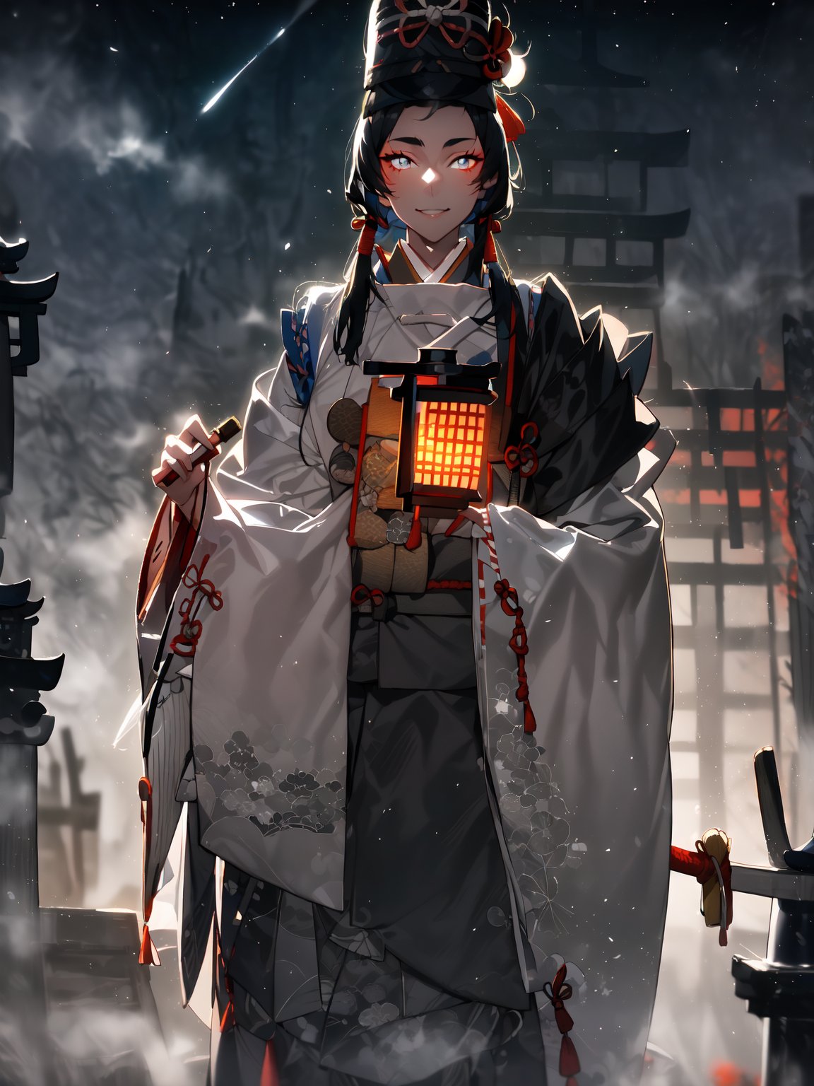 ((professional lighting)),((glow)),1girl,18 years old,((onmyouji)),((tate eboshi)),((glowing eyes)),looking at viewer,smile,(((kyoto's cul-de-sac at night))),((thick fog)),((cowboy shot))