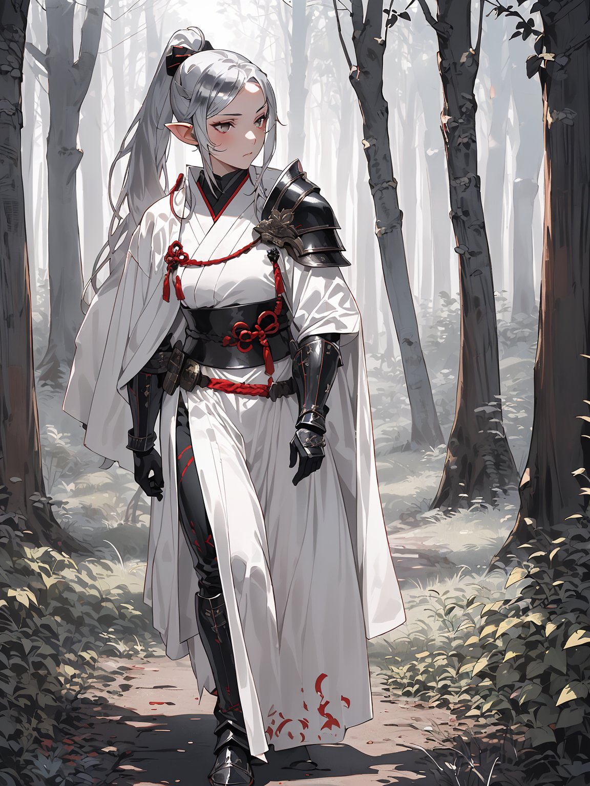 1girl,18 years old,beautiful elven girl,(((onmyouji))),(((suikan))),armor,(White cloak with red decoration),(((black gauntlet and glove))),(((silver long ponytail hair))),(((Walking through the forest, keeping an eye on your surroundings)))