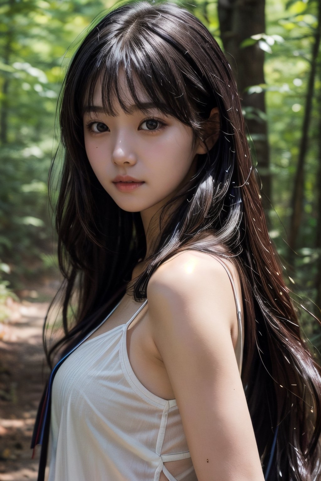 (((deep in the woods))),((looks at viewer)),(((Only the face enters the camera))), (Focus on the face),
人物：a korean girl,Pure and lovely korean girl,(low-cut),
優化：(((Realistic and delicate high-resolution structure: 1.4, Realistic and delicate high-quality structure: 1.4))),
頭髮：(((long hair))),(bangs),
服飾：(white spaghetti strap sheer vest),