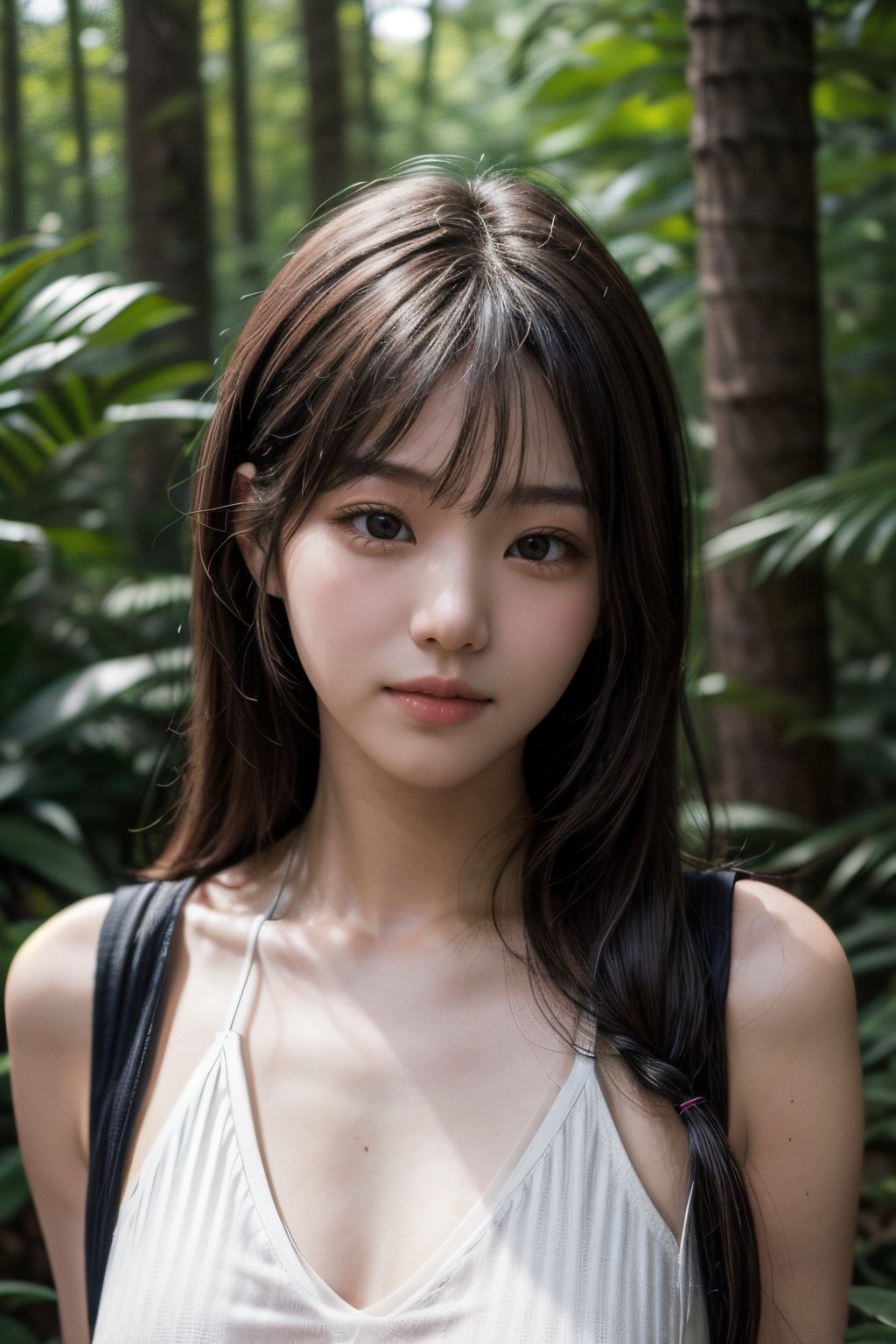 (((deep in the woods))),((looks at viewer)),(((Only the face enters the camera))), (Focus on the face),
人物：a korean girl,Pure and lovely korean girl,(low-cut),
優化：(((Realistic and delicate high-resolution structure: 1.4, Realistic and delicate high-quality structure: 1.4))),
頭髮：(((long hair))),(bangs),
服飾：(white spaghetti strap sheer vest),