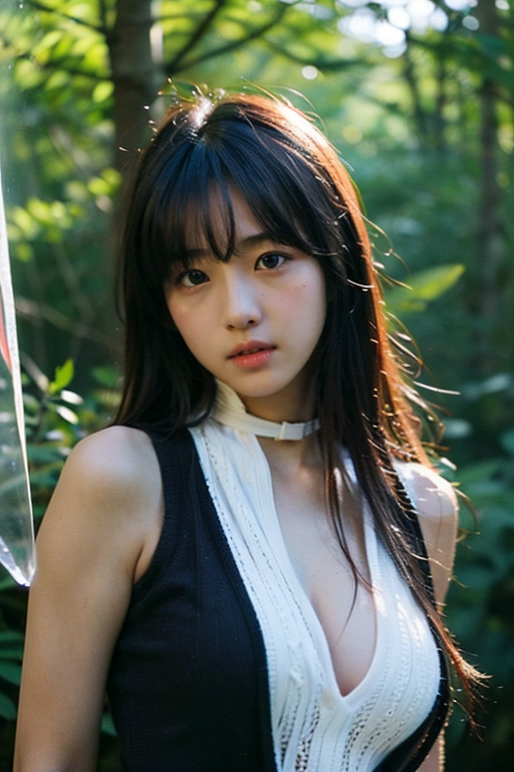 (((deep in the woods))),(looking at the audience),((only the face enters the shot)),
人：(((a korean girl:1.3))),Pure and restrained girl,shapely perfect girl body),
優：(((16K texture structure))),
髮：(bangs),very long hair,
服：(((Thin shoulder strap low-cut transparent skin vest))),cleavage,