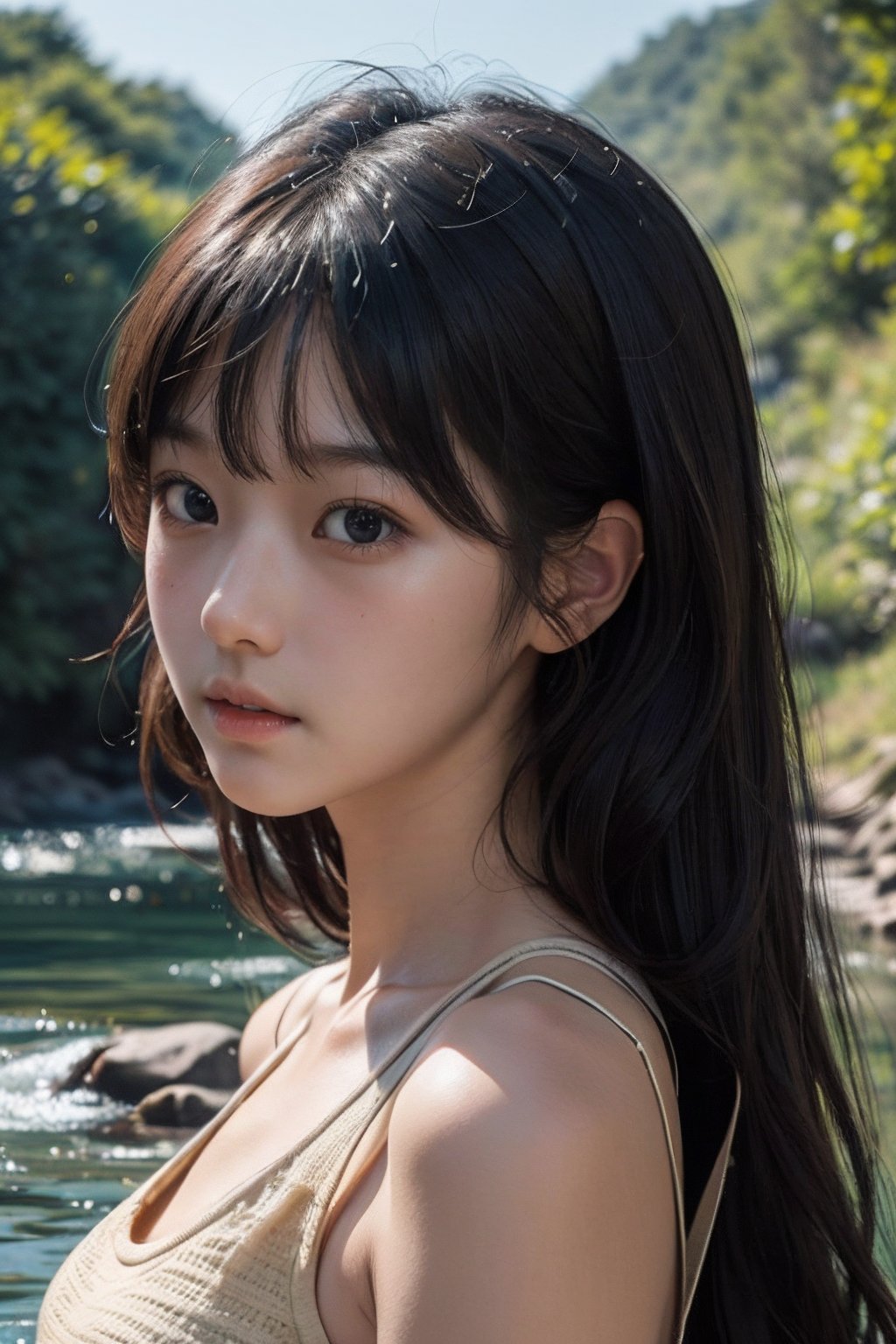 (((wild stream side))),(((looking at the audience))),(((Only the face is in the shot))),
人：(((a korean girl))),(low cut),
優：(((16K texture structure))),Beautiful oval face profile,
髮：(bangs),((long hair))(((wild stream side))), (((looking at the audience))), (((Only the face is in the shot, focus on face))), 
人：(((a korean girl))), (low cut), 
優：(((16K texture structure))), Beautiful oval face profile, 
髮：(bangs), ((long hair)), (curls), 
服：spaghetti strap sleeveless vest, ,(curls),
服：spaghetti strap sleeveless vest,