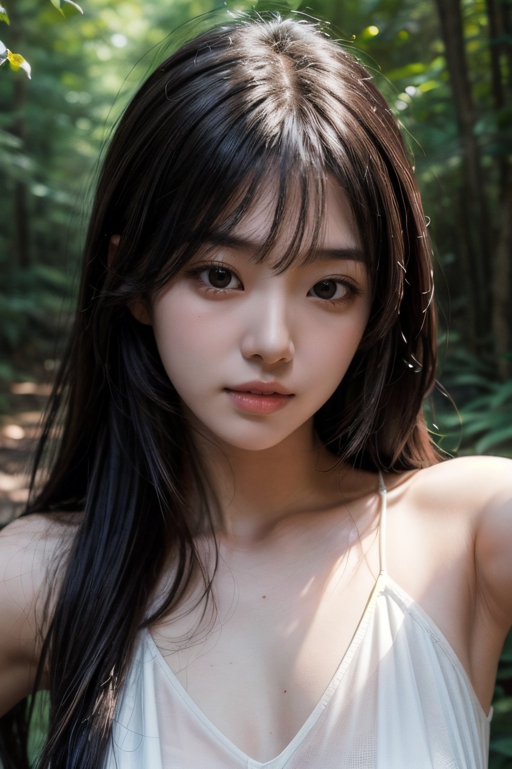 (((deep in the woods))),((looks at viewer)),(((Only the face enters the camera))), (Focus on the face),
人物：a korean girl,Pure and lovely korean girl,(low-cut),
優化：(((Realistic and delicate high-resolution structure: 1.4, Realistic and delicate high-quality structure: 1.4))),
頭髮：(((long hair))),(bangs),
服飾：(white spaghetti strap sheer vest),