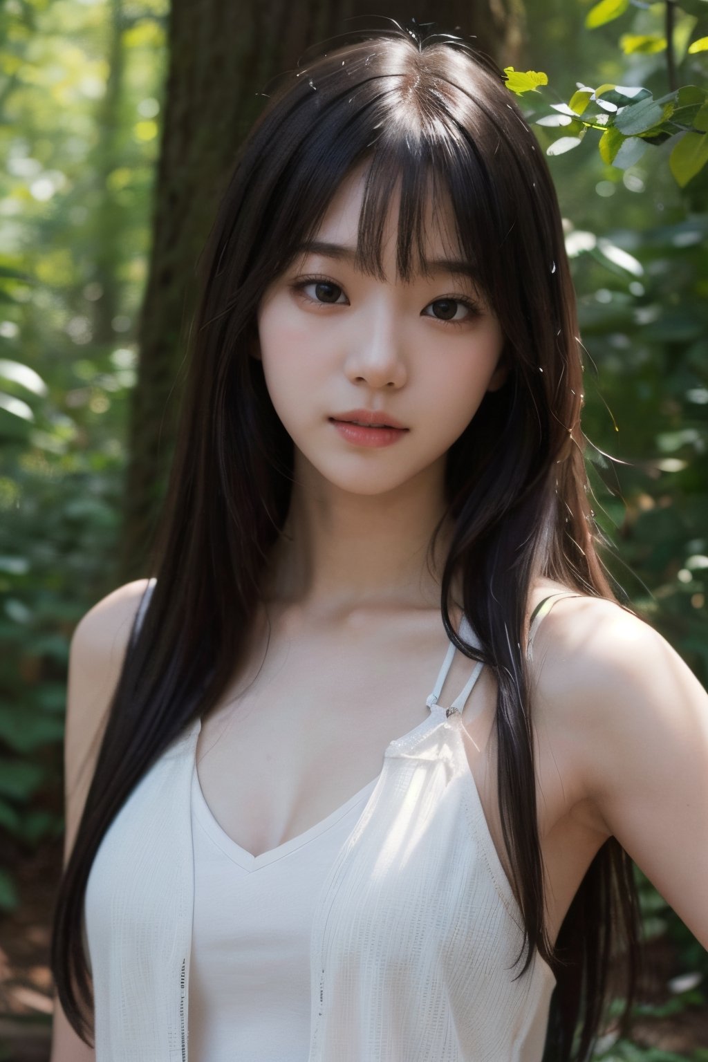 (((deep in the woods))),((looks at viewer)),(((Only the face enters the camera))), (Focus on the face),
人物：a korean girl,Pure and lovely korean girl,(low-cut),
優化：(((Realistic and delicate high-resolution structure: 1.4, Realistic and delicate high-quality structure: 1.4))),
頭髮：(((long hair))),(bangs),
服飾：(white spaghetti strap sheer vest),