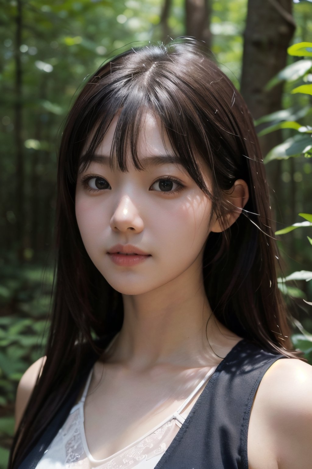 (((deep in the woods))),((looks at viewer)),(((Only the face enters the camera))), (Focus on the face),
人物：a korean girl,Pure and lovely korean girl,(low-cut),
優化：(((Realistic and delicate high-resolution structure: 1.4, Realistic and delicate high-quality structure: 1.4))),
頭髮：(((long hair))),(bangs),
服飾：(white spaghetti strap sheer vest),