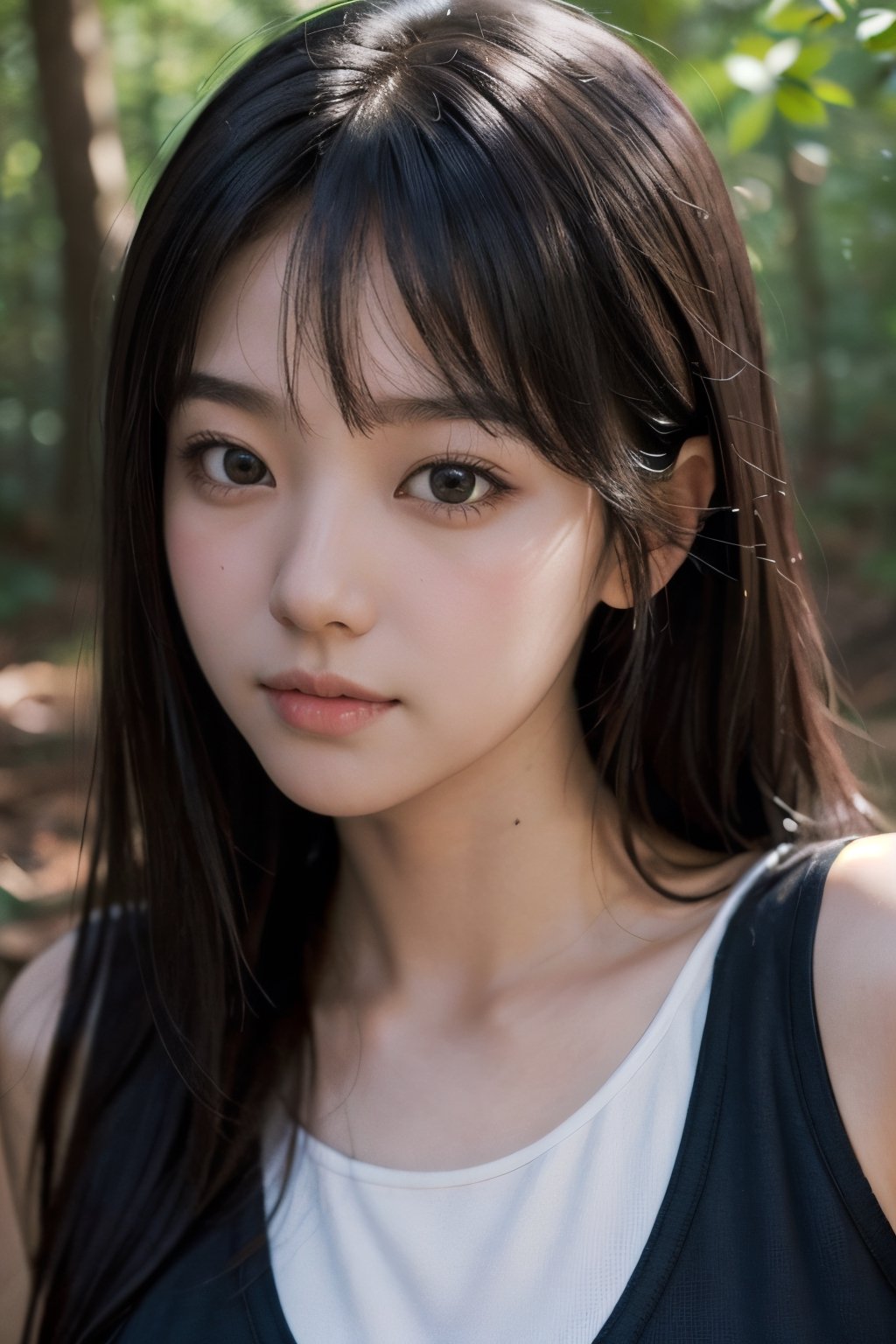 (((deep in the woods))),((looks at viewer)),(((Only the face enters the camera))), (Focus on the face),
人物：a korean girl,Pure and lovely korean girl,(low-cut),
優化：(((Realistic and delicate high-resolution structure: 1.4, Realistic and delicate high-quality structure: 1.4))),
頭髮：(((long hair))),(bangs),
服飾：(white spaghetti strap sheer vest),