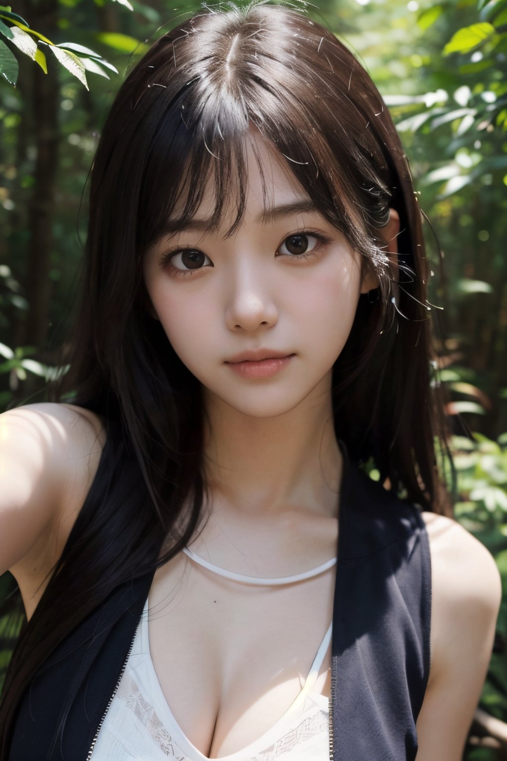 (((deep in the woods))),((looks at viewer)),(((Only the face enters the camera))), (Focus on the face),
人物：a korean girl,Pure and lovely korean girl,(low-cut),
優化：(((Realistic and delicate high-resolution structure: 1.4, Realistic and delicate high-quality structure: 1.4))),
頭髮：(((long hair))),(bangs),
服飾：(white spaghetti strap sheer vest),