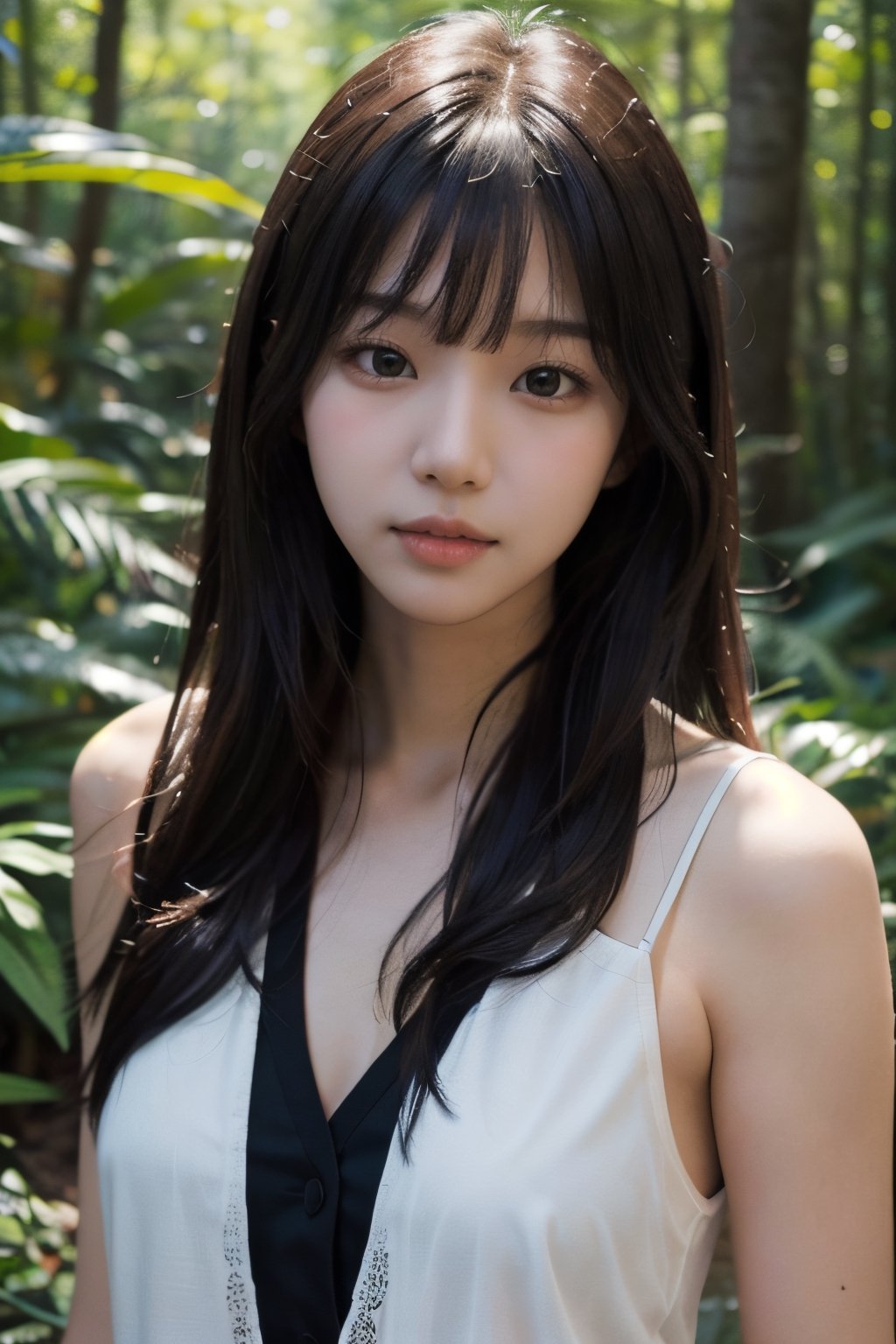 (((deep in the woods))),((looks at viewer)),(((Only the face enters the camera))), (Focus on the face),
人物：a korean girl,Pure and lovely korean girl,(low-cut),
優化：(((Realistic and delicate high-resolution structure: 1.4, Realistic and delicate high-quality structure: 1.4))),
頭髮：(((long hair))),(bangs),
服飾：(white spaghetti strap sheer vest),