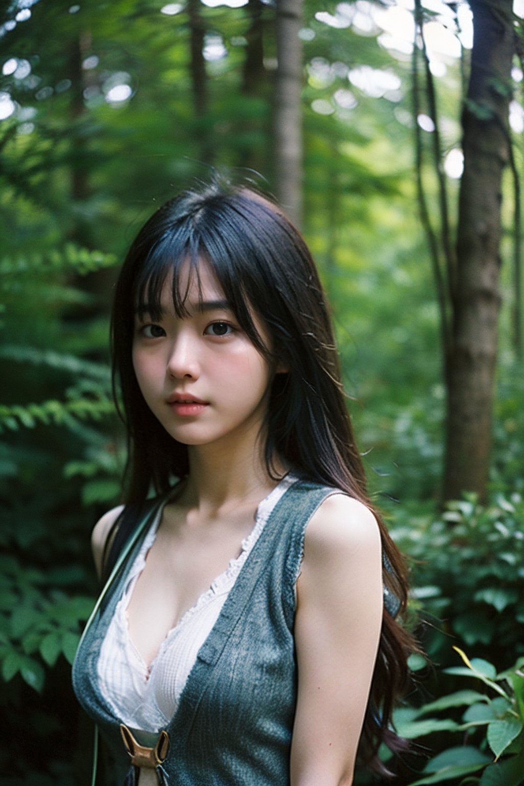 (((deep in the woods))),(looking at the audience),((only the face enters the shot)),
人：(((a korean girl:1.3))),Pure and restrained girl,shapely perfect girl body),
優：(((16K texture structure))),
髮：(bangs),very long hair,
服：(((Thin shoulder strap low-cut transparent skin vest))),cleavage,