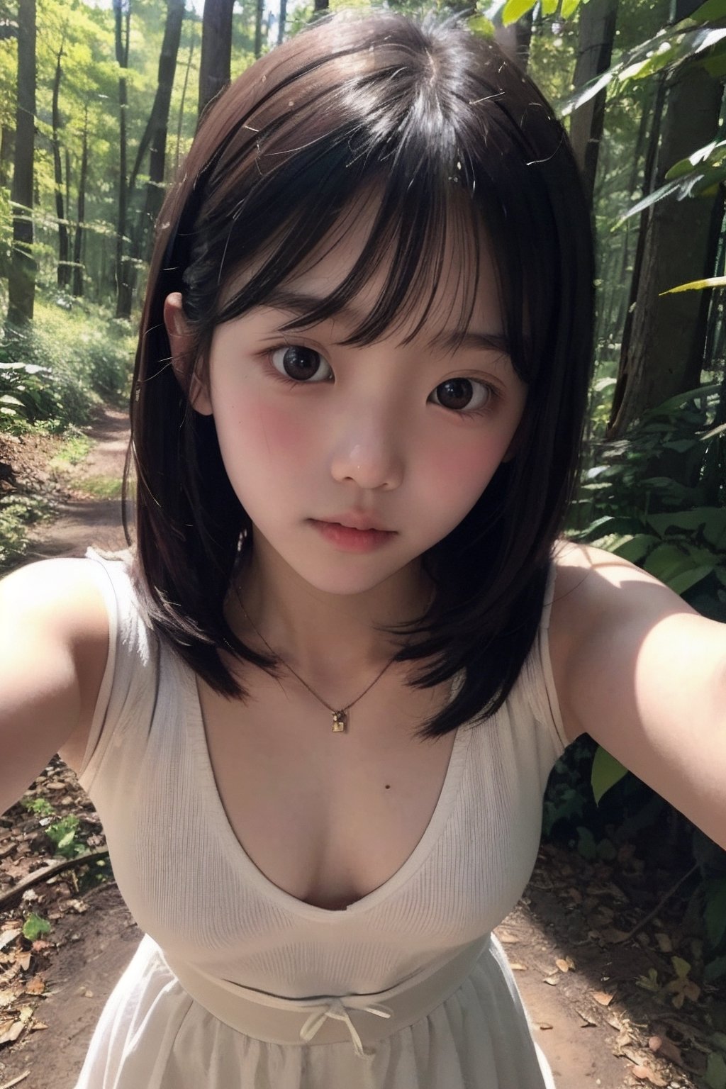 (((deep in the woods))),(looking at the audience),(focus on face),(First-person perspective),(close to the camera, close to the audience),
人：(((a korean little girl:1.3))),(Korean actress Lim Yoona),Pure and restrained little girl,(((little girl of elementary school age))),(low cut),(childish breasts),(childish body),
優：(((16K texture structure))),
髮：(bangs),