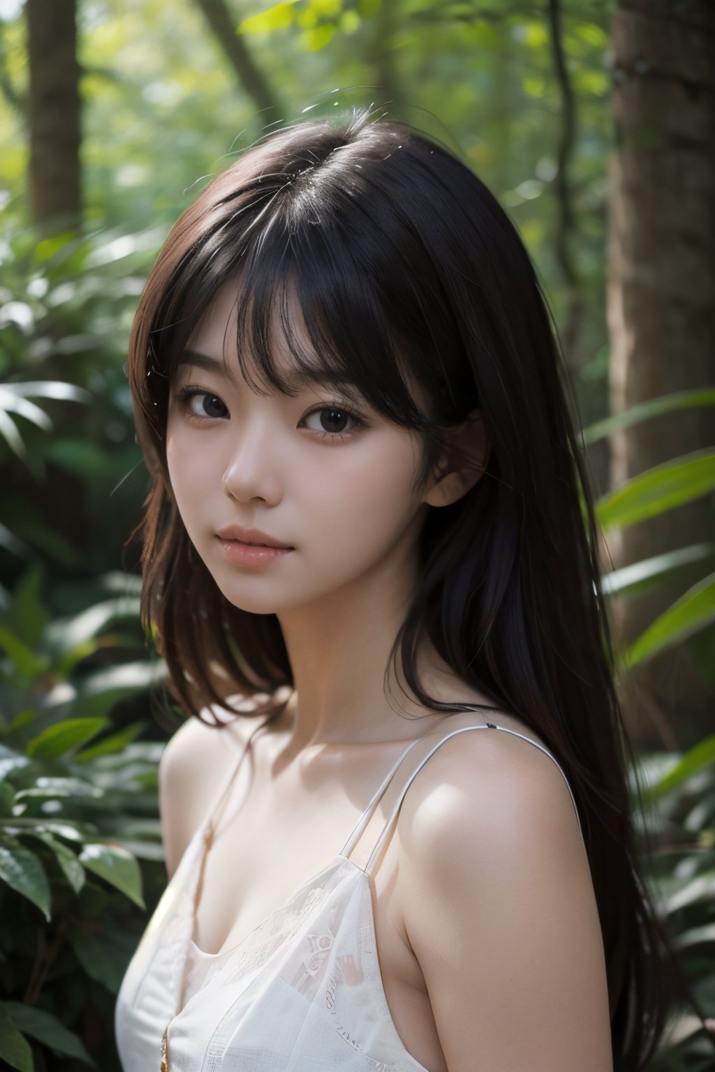 (((deep in the woods))),((looks at viewer)),(((Only the face enters the camera))), (Focus on the face),
人物：a korean girl,Pure and lovely korean girl,(low-cut),
優化：(((Realistic and delicate high-resolution structure: 1.4, Realistic and delicate high-quality structure: 1.4))),
頭髮：(((long hair))),(bangs),
服飾：(white spaghetti strap sheer vest),