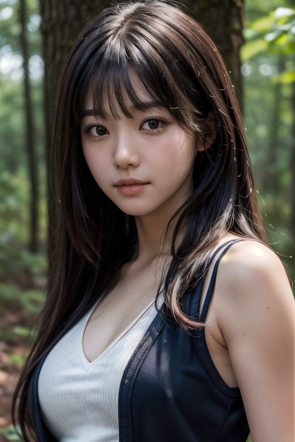 (((deep in the woods))),((looks at viewer)),(((Only the face enters the camera))), (Focus on the face),
人物：a korean girl,Pure and lovely korean girl,(low-cut),
優化：(((Realistic and delicate high-resolution structure: 1.4, Realistic and delicate high-quality structure: 1.4))),
頭髮：(((long hair))),(bangs),
服飾：(white spaghetti strap sheer vest),