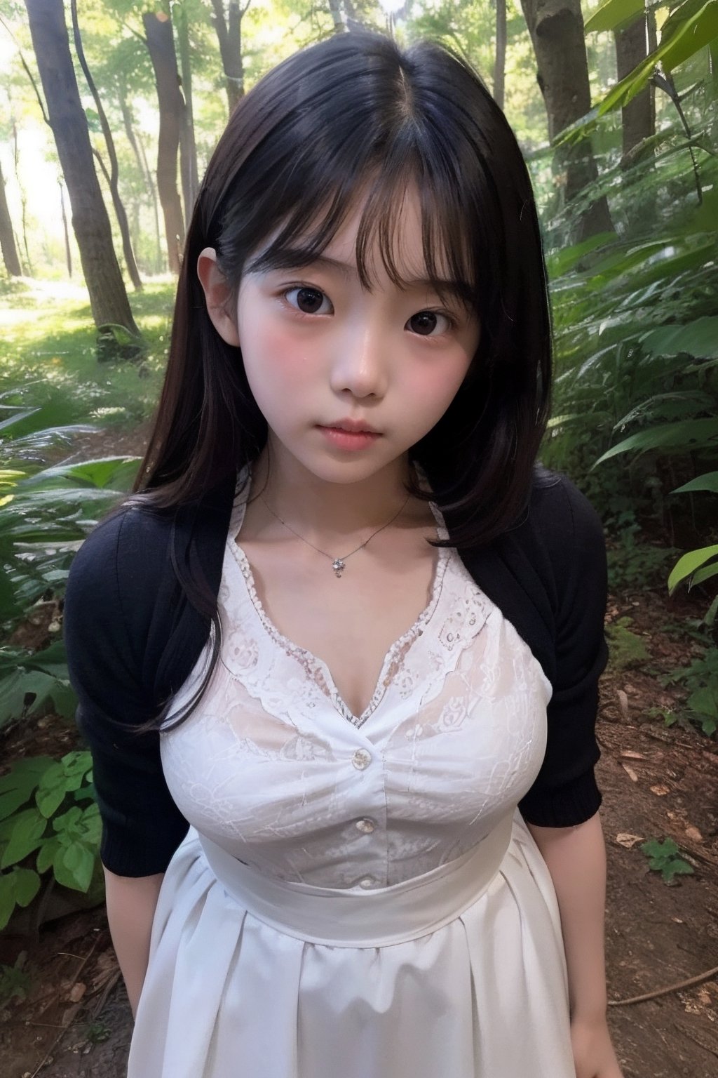 (((deep in the woods))),(looking at the audience),(focus on face),(First-person perspective),(close to the camera, close to the audience),
人：(((a korean little girl:1.3))),(Korean actress Lim Yoona),Pure and restrained little girl,(((little girl of elementary school age))),(low cut),(childish breasts),(childish body),
優：(((16K texture structure))),
髮：(bangs),