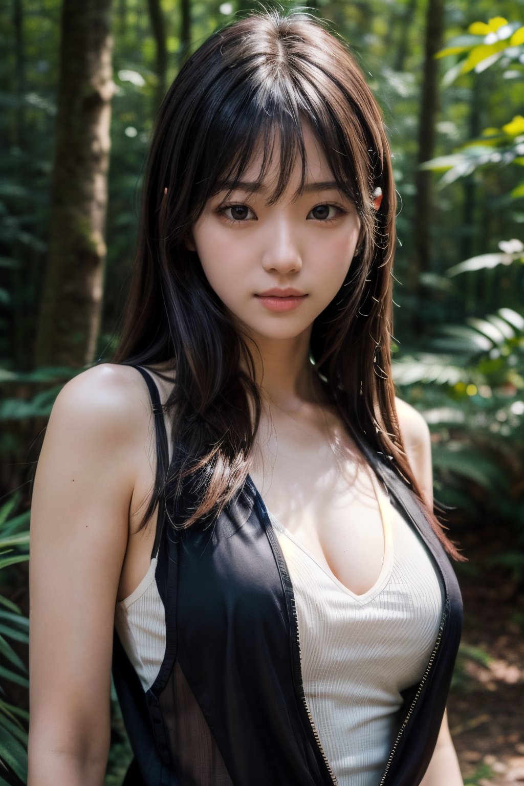 (((deep in the woods))),((looks at viewer)),(((Only the face enters the camera))), (Focus on the face),
人物：a korean girl,Pure and lovely korean girl,(low-cut),
優化：(((Realistic and delicate high-resolution structure: 1.4, Realistic and delicate high-quality structure: 1.4))),
頭髮：(((long hair))),(bangs),
服飾：(white spaghetti strap sheer vest),