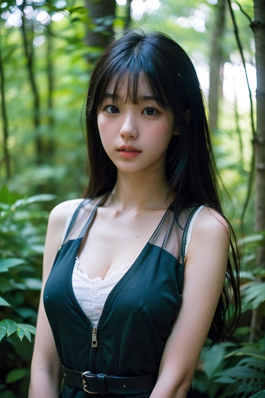 (((deep in the woods))),(looking at the audience),((only the face enters the shot)),
人：(((a korean girl:1.3))),Pure and restrained girl,shapely perfect girl body,
優：(((16K texture structure))),
髮：(bangs),very long hair,
服：(((Thin shoulder strap low-cut transparent skin vest))),(cleavage),