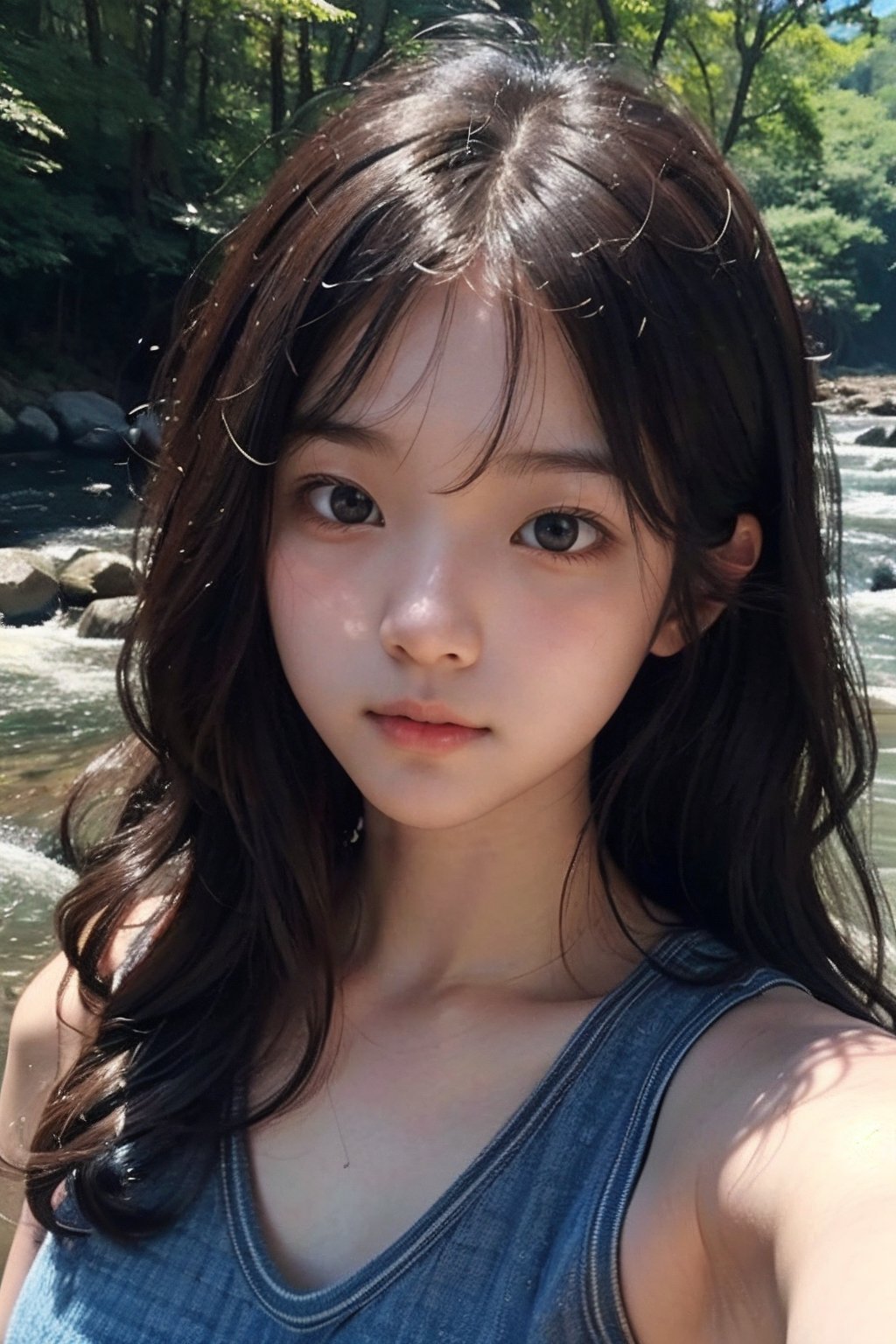 (((wild stream side))),(((looking at the audience))),(((Only the face is in the shot))),
人：(((a korean girl))),(low cut),
優：(((16K texture structure))),Beautiful oval face profile,
髮：(bangs),((long hair)),(curls),
服：spaghetti strap sleeveless vest,