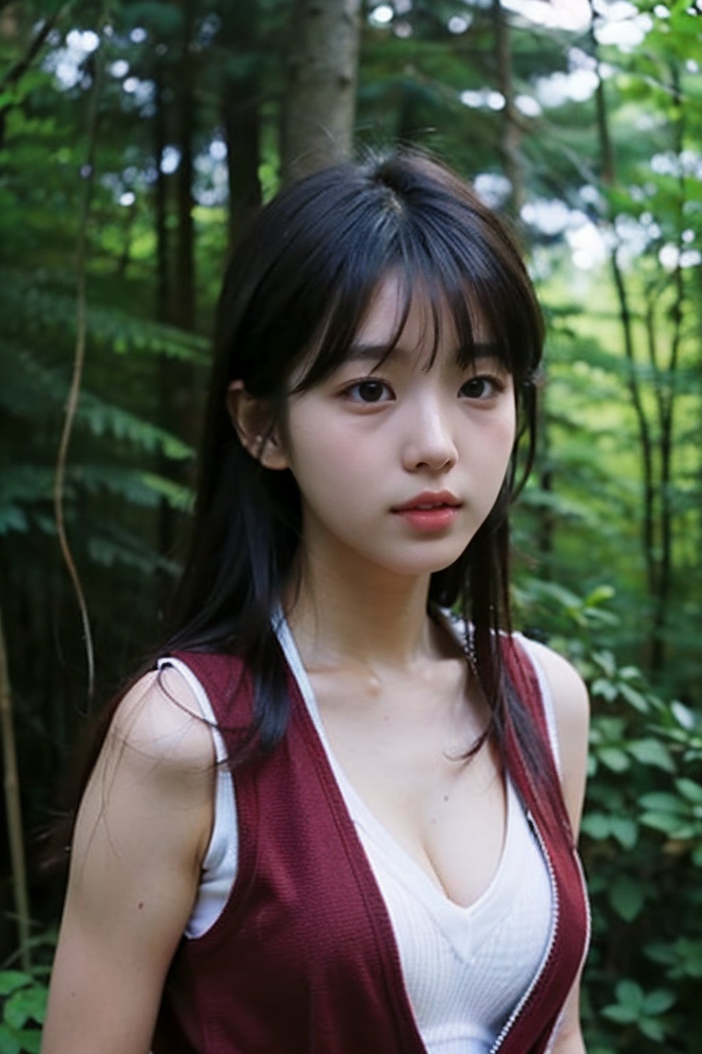 (((deep in the woods))),(looking at the audience),((only the face enters the shot)),
人：(((a korean girl:1.3))),Pure and restrained girl,shapely perfect girl body,
優：(((16K texture structure))),
髮：(bangs),very long hair,
服：(((Thin shoulder strap low-cut transparent skin vest))),(cleavage),