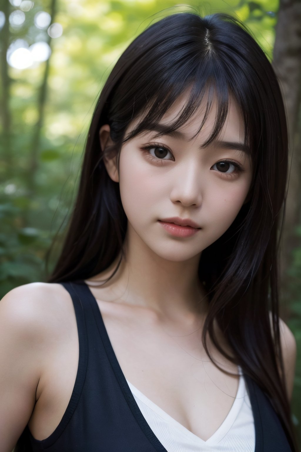 (((deep in the woods))),((looks at viewer)),(((Only the face enters the camera))), (Focus on the face),
人物：a korean girl,Pure and lovely korean girl,(low-cut),
優化：(((Realistic and delicate high-resolution structure: 1.4, Realistic and delicate high-quality structure: 1.4))),
頭髮：(((long hair))),(bangs),
服飾：(white spaghetti strap sheer vest),