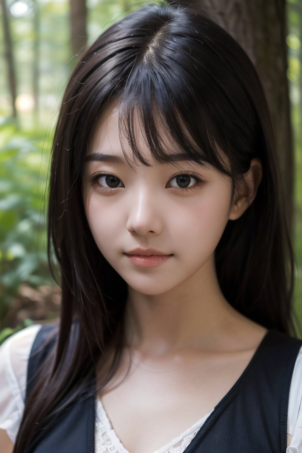 (((deep in the woods))),((looks at viewer)),(((Only the face enters the camera))), (Focus on the face),
人物：a korean girl,Pure and lovely korean girl,(low-cut),
優化：(((Realistic and delicate high-resolution structure: 1.4, Realistic and delicate high-quality structure: 1.4))),
頭髮：(((long hair))),(bangs),
服飾：(white spaghetti strap sheer vest),