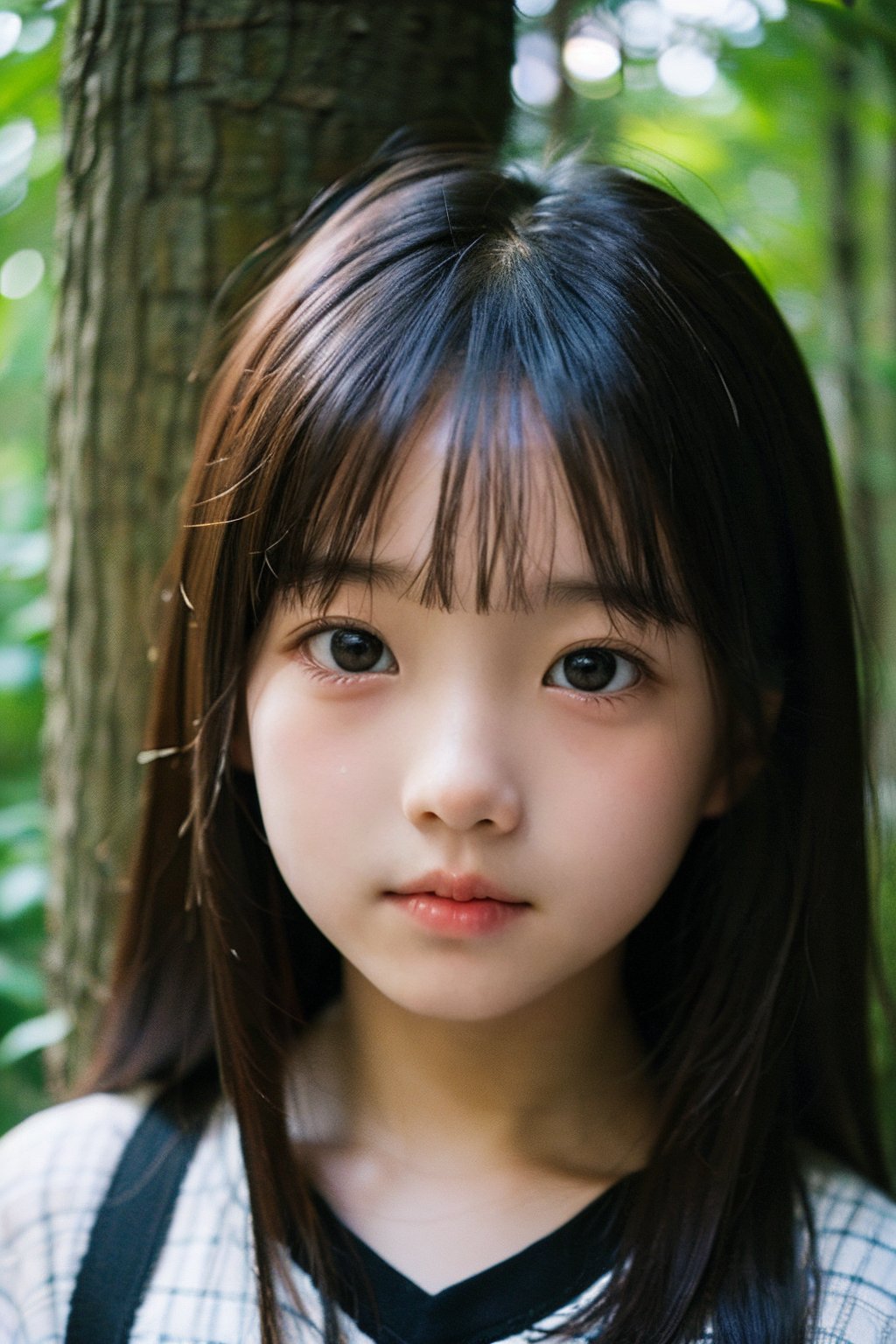 (((deep in the woods))),(looking at the audience),((only the face enters the shot)),
人：(((a korean little girl:1.3))),Pure and restrained little girl,(((little girl of elementary school age))),(low cut),
優：(((16K texture structure))),
髮：(bangs),very long hair,