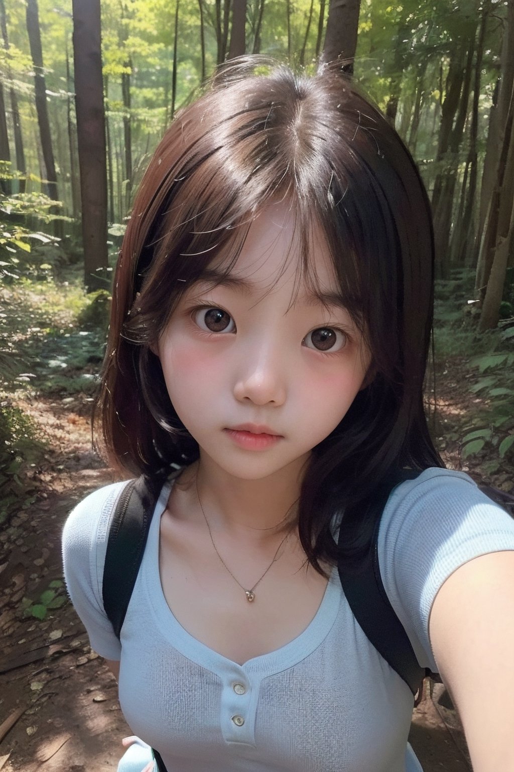 (((deep in the woods))),(looking at the audience),(focus on face),(First-person perspective),
人：(((a korean little girl:1.3))),(Korean actress Lim Yoona),Pure and restrained little girl,(((little girl of elementary school age))),(low cut),(childish breasts),(childish body),
優：(((16K texture structure))),
髮：(bangs),