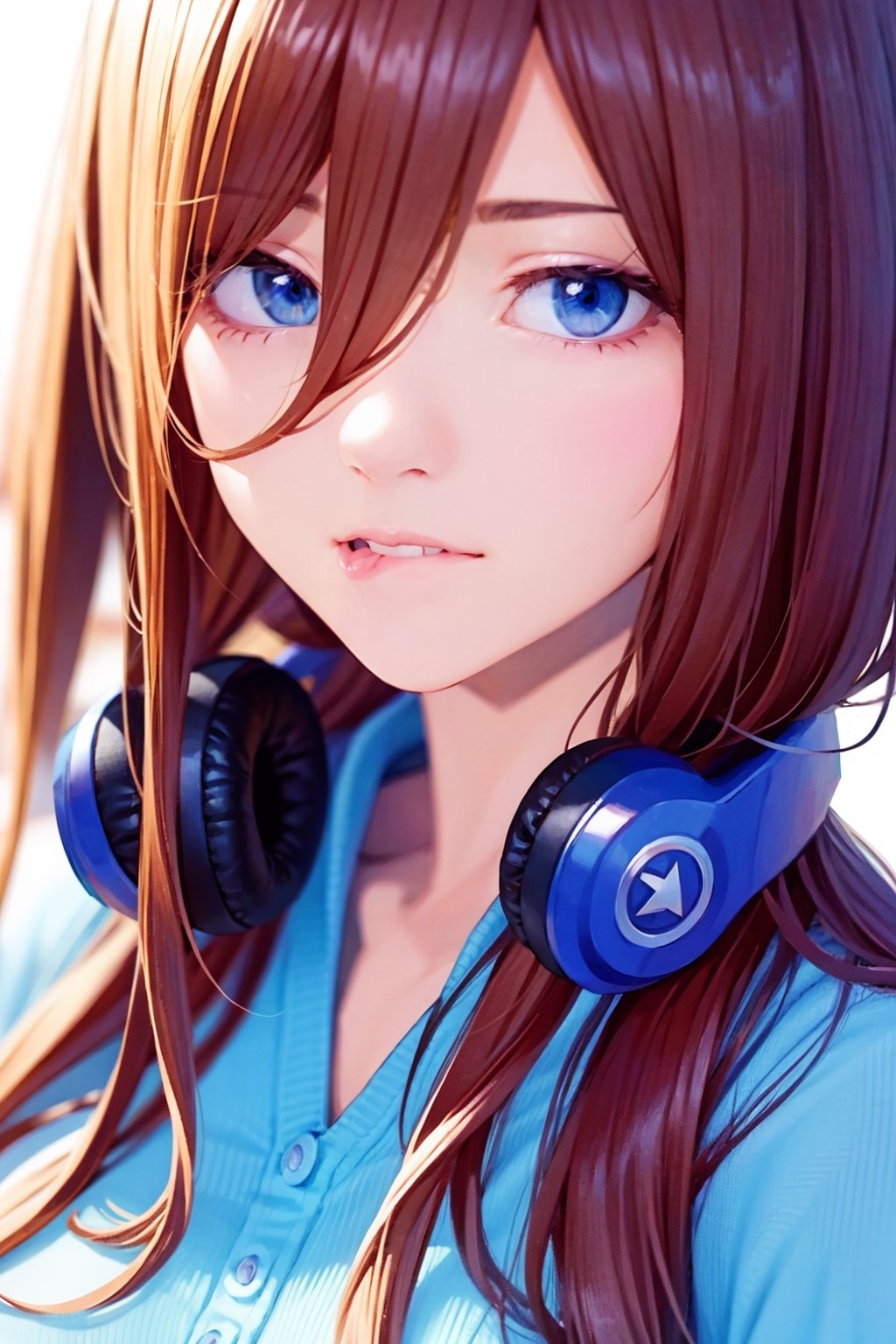 ((masterpiece, 8k, RAW, ultra realistic)), dynamic view, dutch angle, miku nakano, nakano_miku_ecsta, biting lip, having breakfast before school, long hair, bangs, blue eyes, brown hair, shirt, hair between eyes, headphones,  (BLUE CARDIGAN), white shirt, (GREEN SKIRT), (black pantyhose), headphones around neck,
,MIKU NAKANO,nakano_miku_ecsta,masterpiece,realistic,best quality