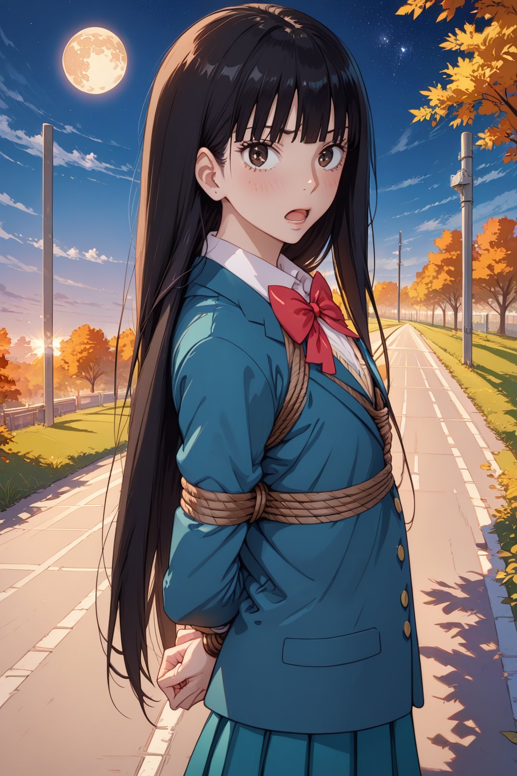 score_9, score_8_up, score_7_up, score_6_up, source_anime, solo, shibari, bondage, ,looking at viewer, upper body,  black hair, kuronuma sawako, school uniform, blazer, bowtie, open mouth, long hair, arms bent behind back bound, shibari, rope, bondage,, school pathway, night sky, moon, 