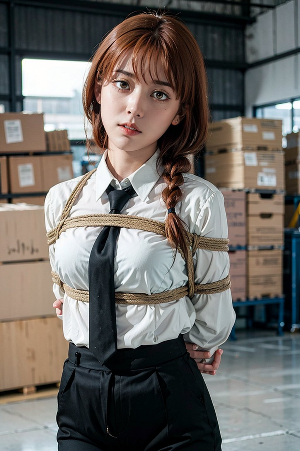 Masterpiece, 8K, RAW ,makima, 1girl, shirt, (black necktie), black trousers, Full HD, sexy pose, good detail ,makima \(chainsaw man\),red hair, 1braid, angry face, (arms behind back bound, arms bent, shibari over clothes, rope), ((in warehouse scene)), stacked boxes, medium_breast_bondage