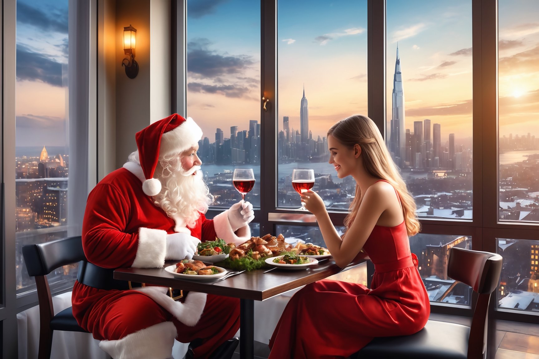 masterpiece, photo realistic, Santa Claus and young beautiful girl having dinner, table by window, scenic view of amazing city skyline,  
,A couple in a restaurant 