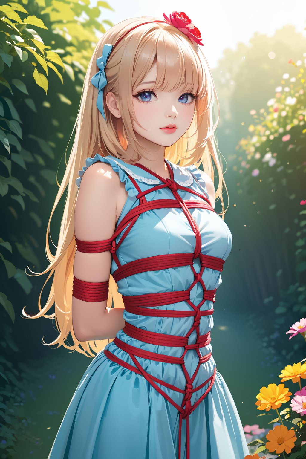 (best quality, highres),blond hair,bow on head,girl,beautiful detailed eyes,beautiful detailed lips,long eyelashes, fancy dress, arms behind back bound, shibari over clothes, bondage, rope, soft facial features,flower garden background, vibrant colors,pleasant lighting,artistic rendering, decorative text:’’TA’’, text:’’1st Anniversary’’,(The cutest girl in the world:1.5),shibari