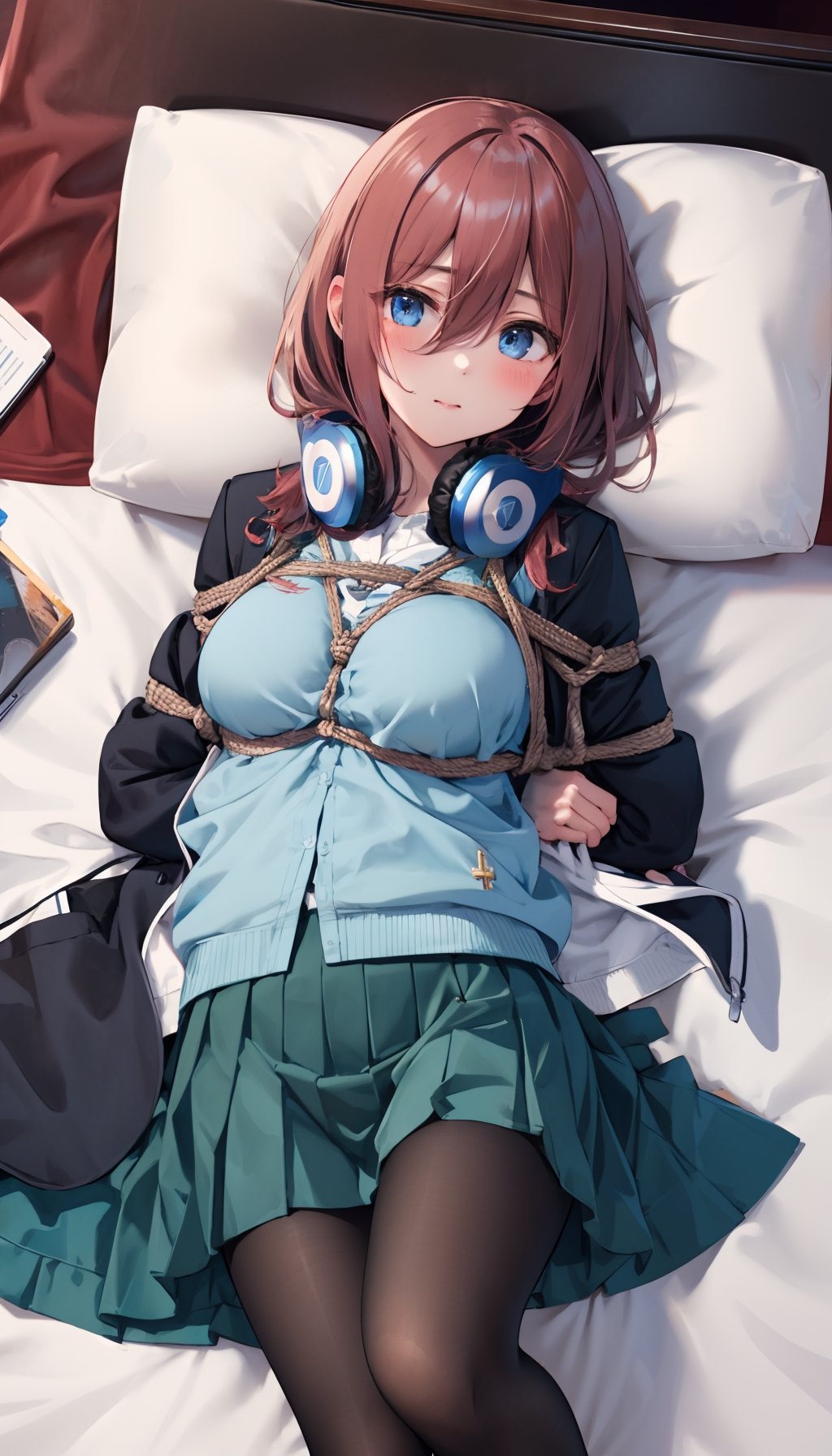 masterpiece, best quality, highres, nm1, (headphones on ears listening to music), school uniform, long sleeves, blue cardigan, green skirt, pantyhose, black jacket, open jacket, (arms behind back bound, arms bent, shibari over clothes, shibari cross chest boxtie, bondage, rope),
lying on bed, on back, cowboy shot

nm1,medium_breast_bondage