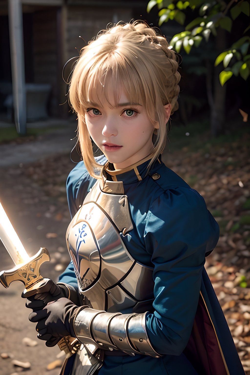 (masterpiece, 8k, raw, ultra realistic),, POV, (close up of sword tip:1.2), (a long sword Artoria is hold from a distance away), outdoor, sword poiting viewer, full body, phSaber, phAltoria, armor, gauntlets, weapon, armored dress, sword, holding, french braid, holding weapon, holding sword, blue dress, long sleeves, puffy sleeves, glowing weapon, glowing, blue ribbon, glowing sword, bangs, hair bun, french braid, juliet sleeves, hair between eyes, breastplate, short hair, single hair, dynamic view, blond hair, green eyes, bangs, hair bun, french braid, (hair locks),juliet sleeves, hair between eyes,  

,phSaber,girl,huoshen