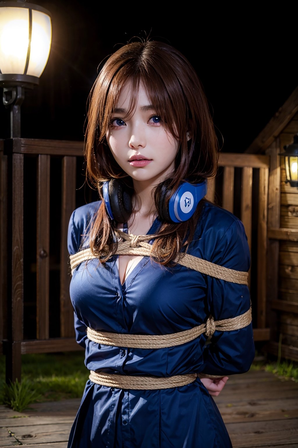 masterpiece, 8k, RAW, ultra realistic, miku nakano, long hair, bangs, blue eyes, brown hair, shirt, hair between eyes, headphones, cardigan, headphones around neck,
(arms behind back bound, arms bent, shibari cross chest boxtie bondage, rope, tight rope bondage), 
night dark park, quiet pathway, spooky road, remote cabin, 
medium_breast_bondage,medium_breast_bondage,MIKU NAKANO