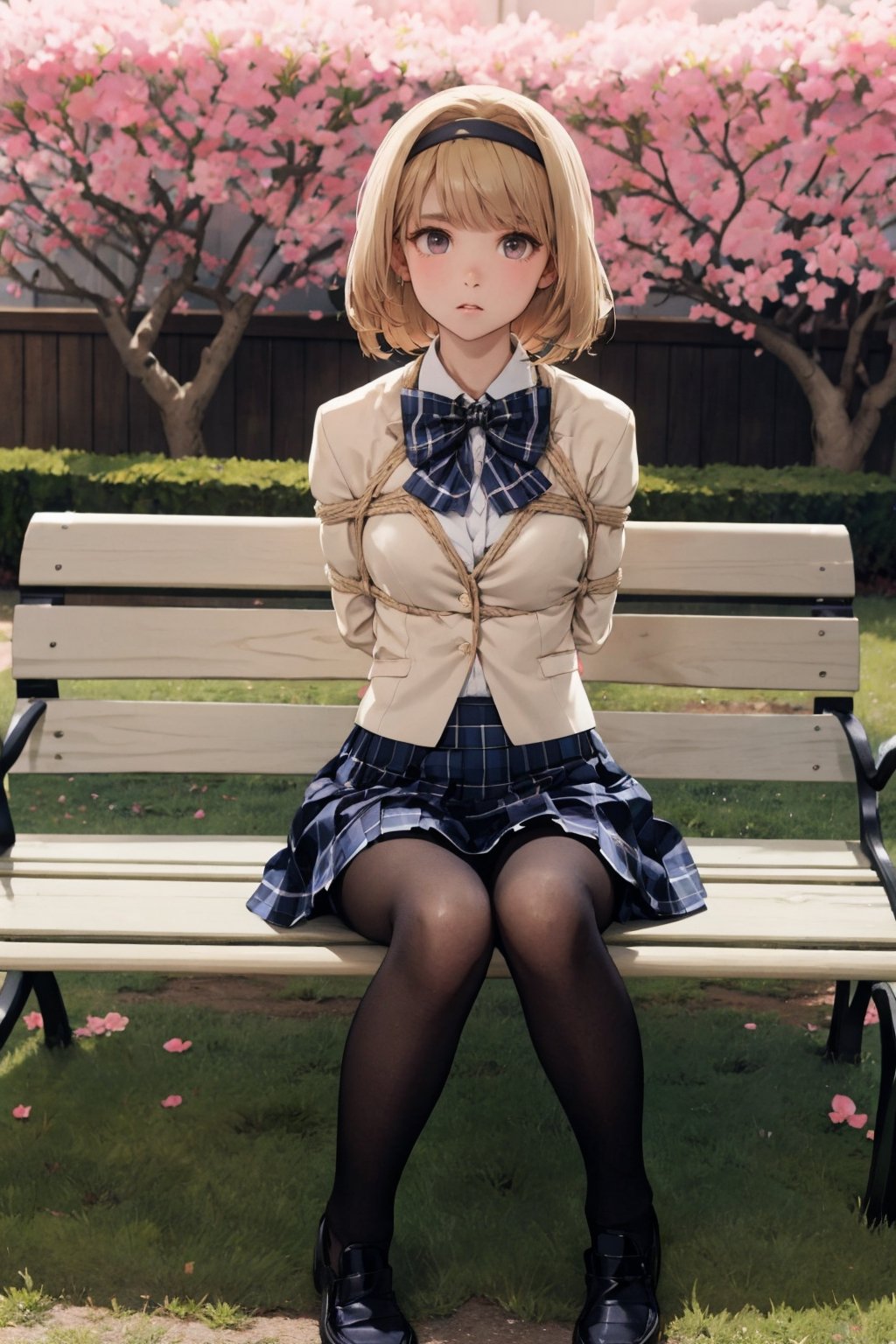 8K, masterpiece, best quality, nishijounanami, hairband, bowtie, yellow blazer, plaid skirt, pantyhose, loafers, sitting, bench, flowers, spring, looking at viewer, surprised look, 
nishijounanami, ,medium_breast_bondage,best quality,incredibly absurdres