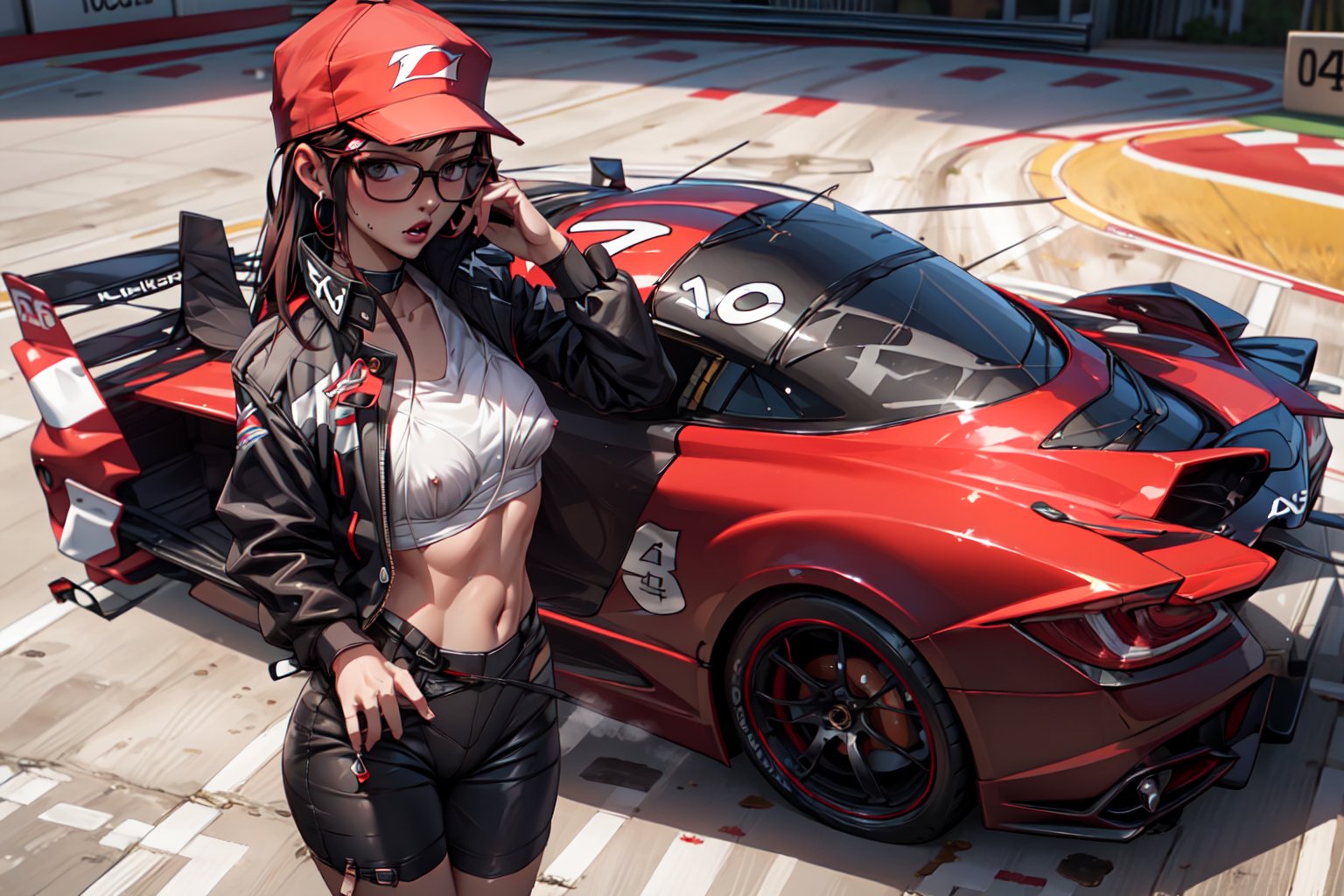 Glasses, small breasts, bra showing under unbuttoned blouse, panties, nsfw, race car girl, unzipped race car jacket, race track, croptop under race car jacket