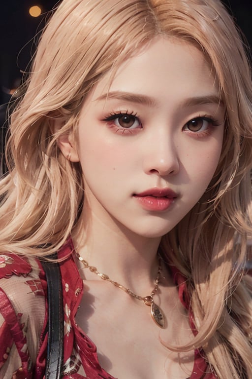 close-up portrait of Rose Blackpink, blonde hair, (red minidress:1.3), k-pop Idol, contrapposto, best quality, ultra high res, (photorealistic:1.3), 1girl, small breasts, (in a nighclub:1.3), 